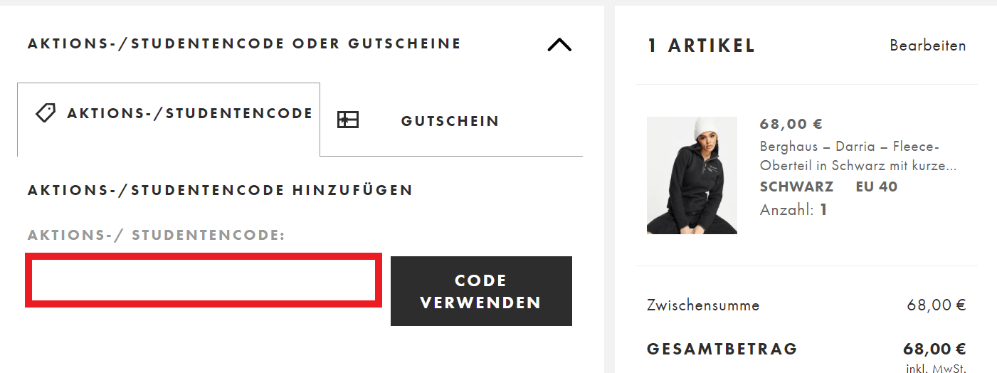 Eingabefeld für Aktions- und Studentencodes im ASOS Bestellvorgang