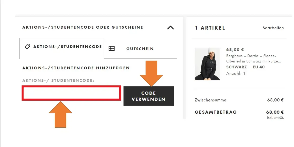 Eingabefeld für den ASOS Rabattcode an der Kasse