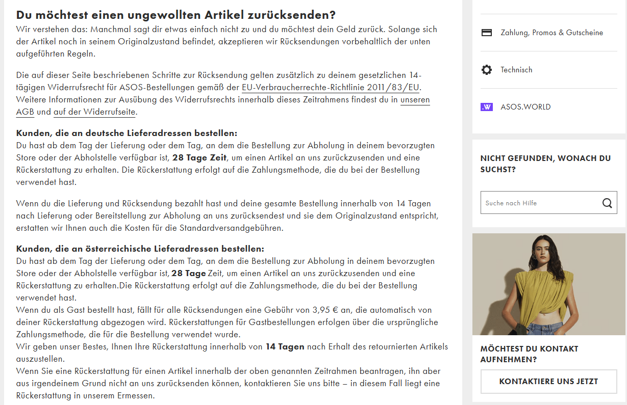 Ablauf der Rücksendung bei ASOS mit Frist und Retourenschein