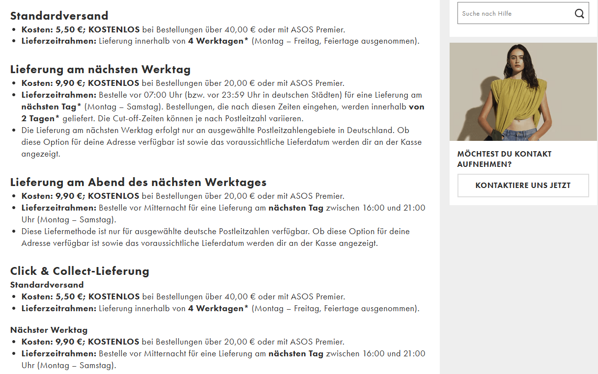 Übersicht der ASOS Versandarten mit Kosten und Lieferzeiten