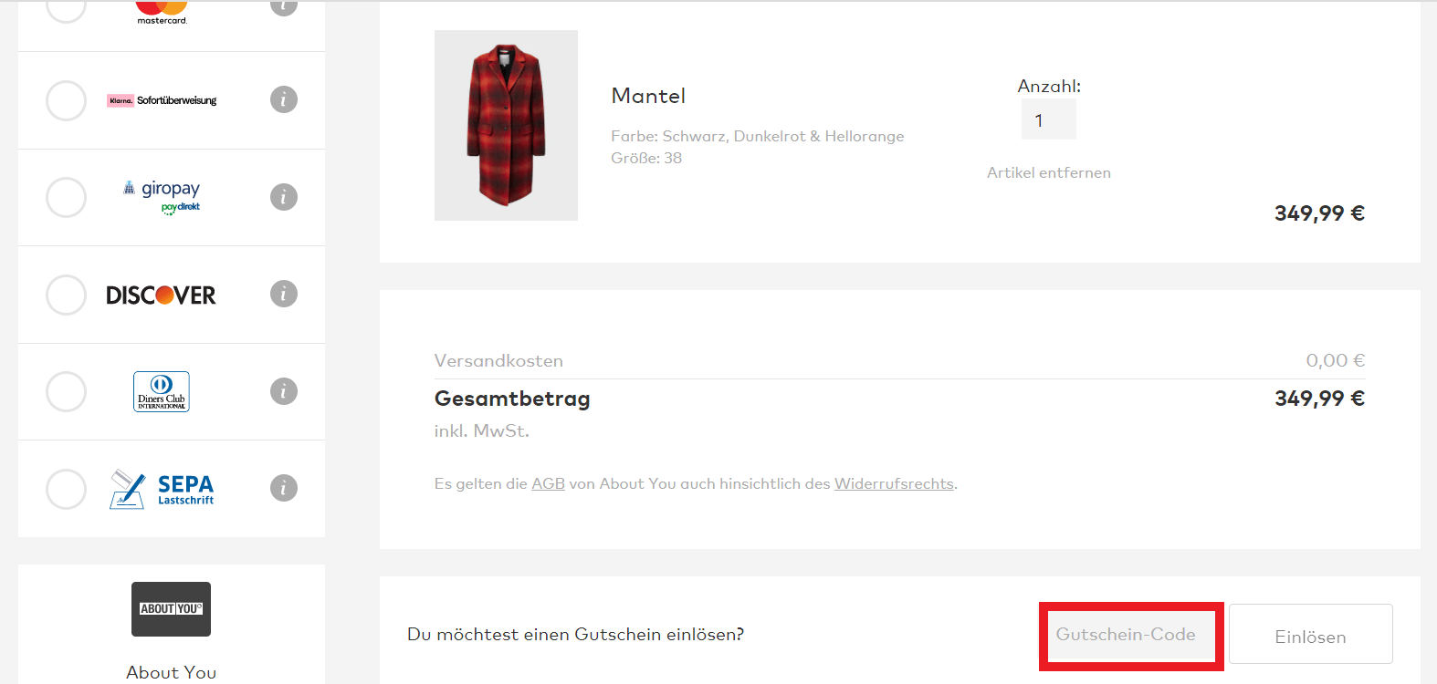 Gutscheinfeld im About You Bestellvorgang unter dem Gesamtbetrag