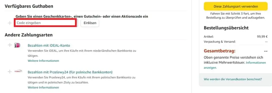 Eingabefeld für einen Amazon Gutschein oder Aktionscode an der Kasse