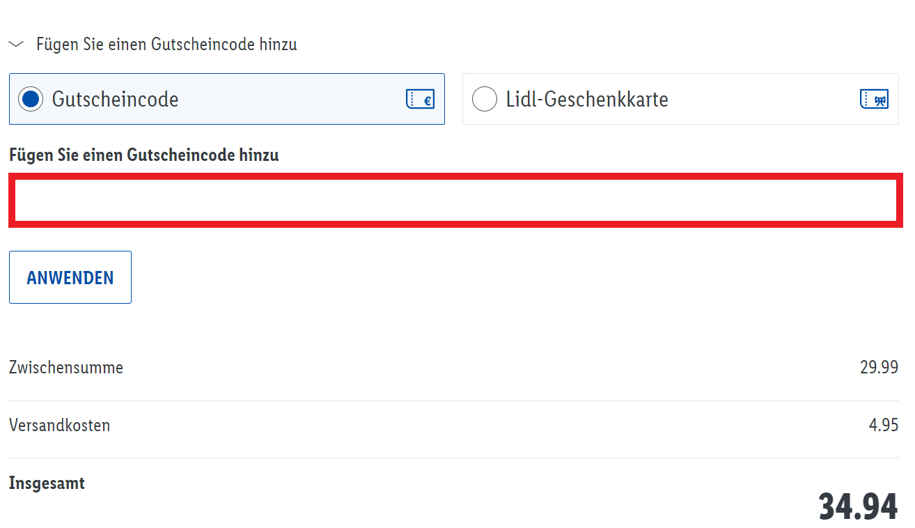 Gutscheinfeld im letzten Bestellschritt des Lidl Online-Shops über der Einkaufssumme