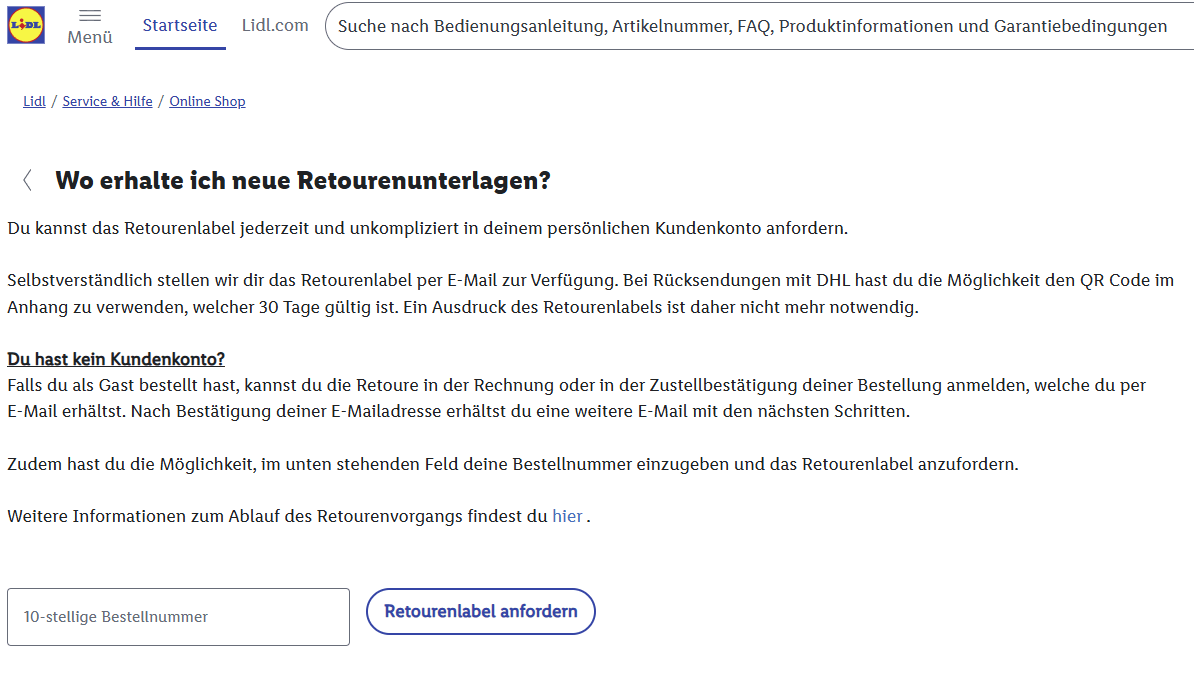 Serviceleistungen im Lidl Shop mit kostenloser Rücksendung und beiliegendem Retourenlabel