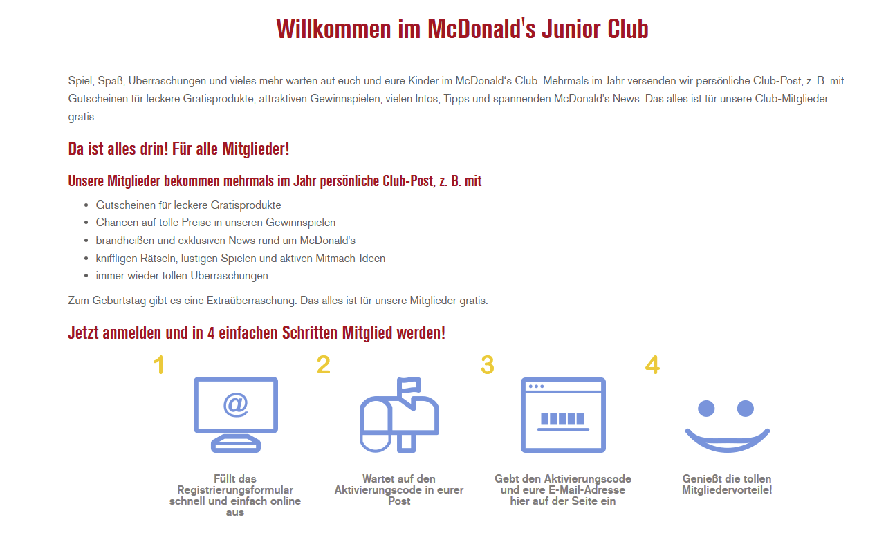 Anmeldung zum McDonalds Junior Club in vier Schritten