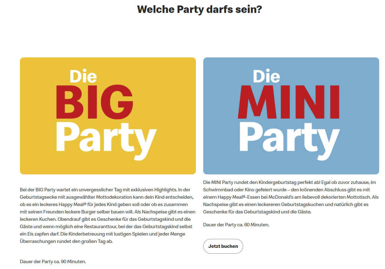 Vergleich der McDonalds Kindergeburtstage: Mini-Party und Big-Party