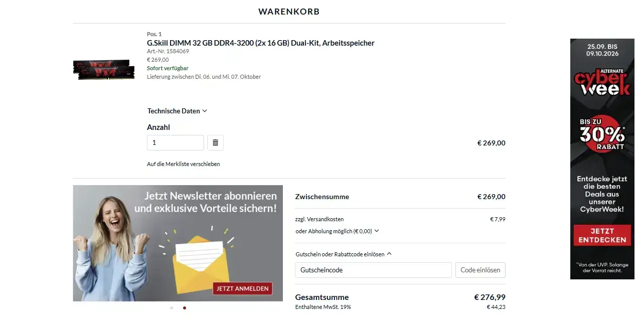 ALTERNATE Gutschein im Warenkorb einlösen