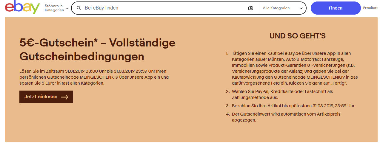 Häufige Arten von eBay Gutscheinen mit Prozentrabatt, Eurobetrag und Versandvorteil