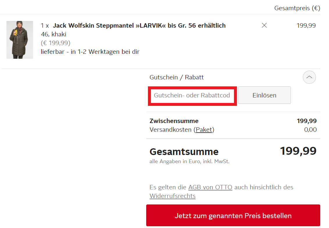 Feld Gutschein und Rabatt im letzten Bestellschritt bei Otto
