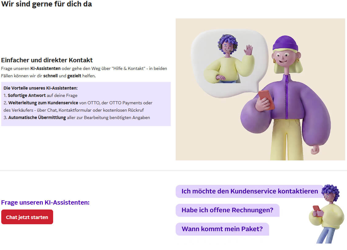 Kontaktwege zum Otto Kundendienst per Telefon, Chat, WhatsApp und SMS
