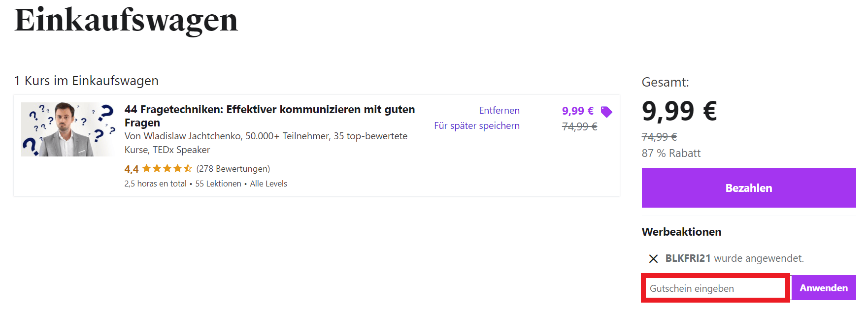 Gutscheinfeld im Udemy Warenkorb mit dem Button Anwenden
