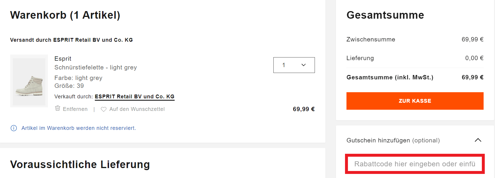 Feld Gutschein hinzufügen im Zalando Warenkorb unter der Gesamtsumme